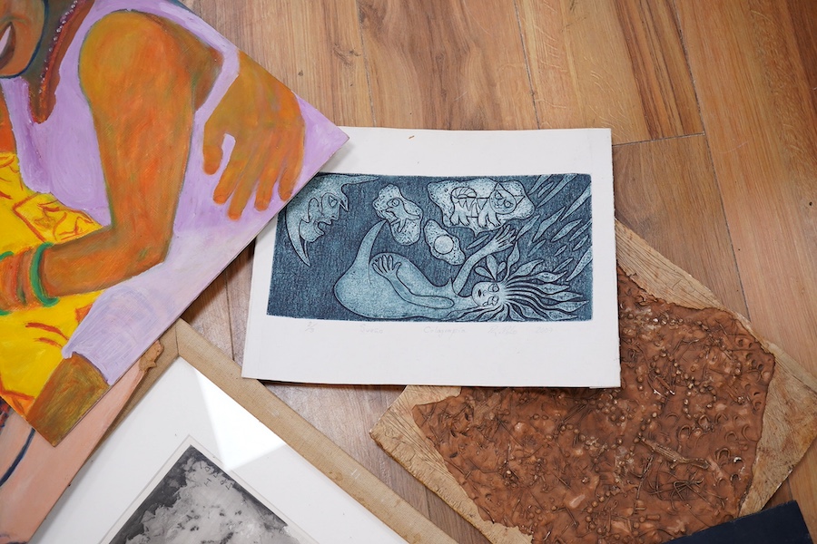 A collection of works to include R. Polo - a limited edition surreal monochrome print, Gervaise Soeurouge, a plaque of lizards and a group of abstract prints/mixed media’s. Condition - varies